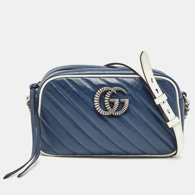 Pre-owned Gucci Navy Blue/white Diagonal Matelassé Leather Small Gg Marmont Shoulder Bag