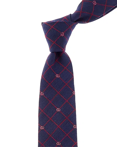 Gucci Navy Gg Grid Silk & Wool-blend Tie In Blue