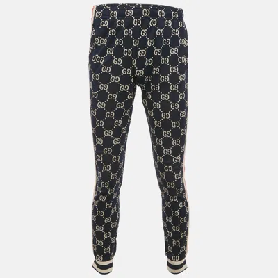 Pre-owned Gucci Navy Gg Jacquard Jersey Jogger Pants M In Blue