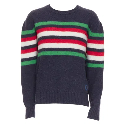 Pre-owned Gucci Navy Green Red Striped Embroidered Logo Crew Sweater