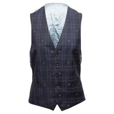 Pre-owned Gucci Navy  Plaid Bee Motif Waistcoat Vest Size Size It 46 In Blue