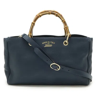 Pre-owned Gucci Navy Leather Bamboo Handbag Shoulder Bag Tote Bag ()