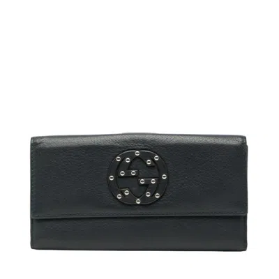 Pre-owned Gucci Navy Leather Long Wallet (bi-fold) () In Blue