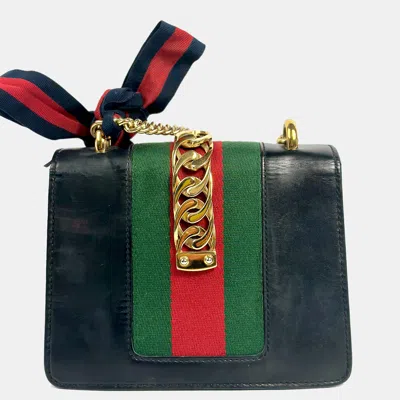 Pre-owned Gucci Navy Leather Sylvie Flap Chain Bag In Navy Blue