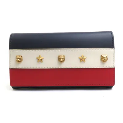 Pre-owned Gucci Navy Off-white Red Color Leather Long Wallet (bi-fold) () In Navy, Off-white, Red Color