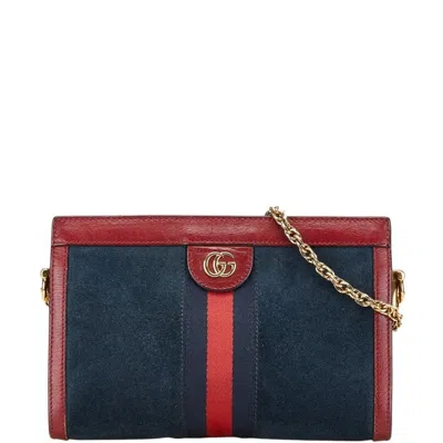 Pre-owned Gucci Navy Red Color Leather Suede Shoulder Bag ()