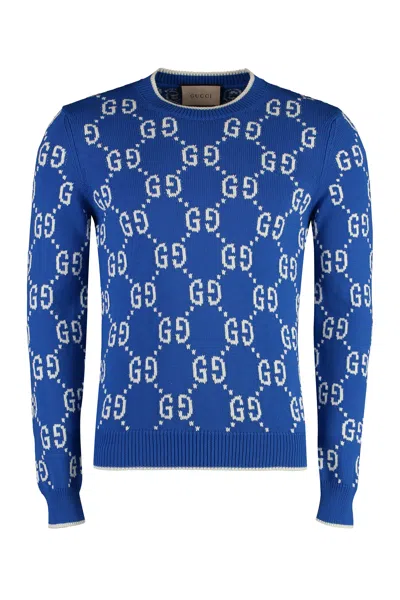 Gucci Navy Ribbed Knit Edges Jacquard Sweater For Men (ss24) In Blue