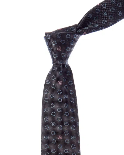 Gucci Navy Stirrup Jacquard Silk Tie In Burgundy