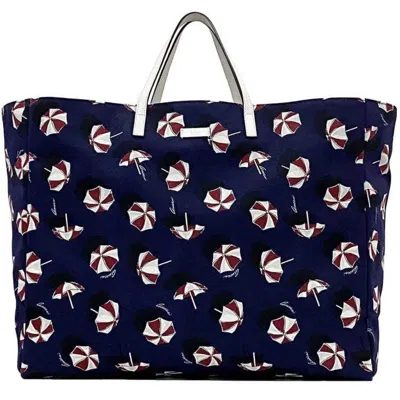 Pre-owned Gucci Navy White Canvas Leather Tote Bag ()