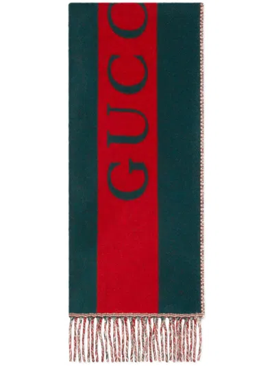 Gucci Navy Wool Jacquard Scarf With Fringed Edges For Men In Blue