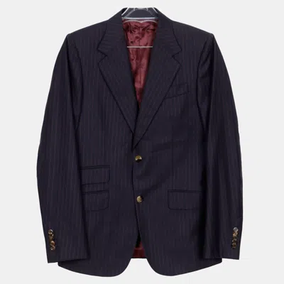 Pre-owned Gucci Navy Wool Logo Stripe Suit Jacket Size 46 In Navy Blue