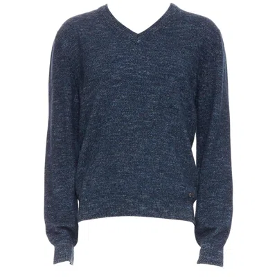 Pre-owned Gucci Navy Wool Silk Cashmere Melange V Neck Gg Logo Charm Sweater L In Blue