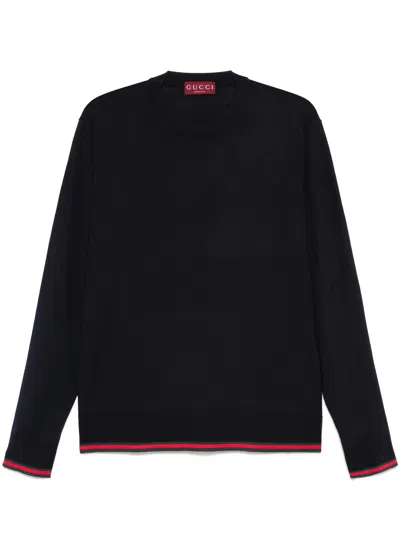Gucci Blue Wool Web Sweater In Brown