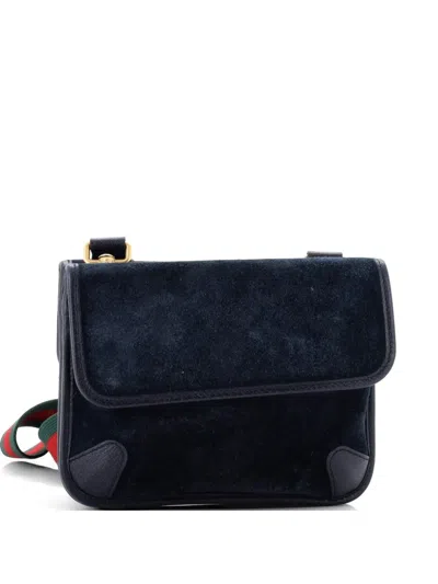 Pre-owned Gucci Neo Vintage Flap Messenger Suede Small Crossbody Bag In Blue