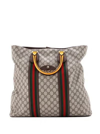 Pre-owned Gucci Neo Vintage Web Soft Tote Gg Coated Canvas Tall Satchel In Brown