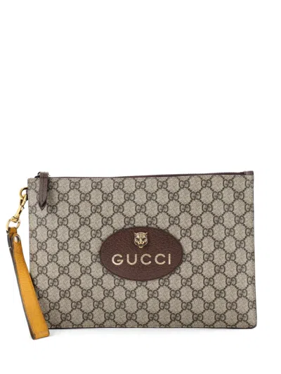 Pre-owned Gucci Neo Vintage Wristlet Pouch Gg Coated Canvas Clutch Bag In Brown