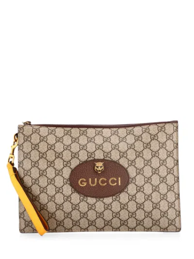 Pre-owned Gucci Neo Vintage Wristlet Pouch Gg Coated Canvas Clutch Bag In Brown