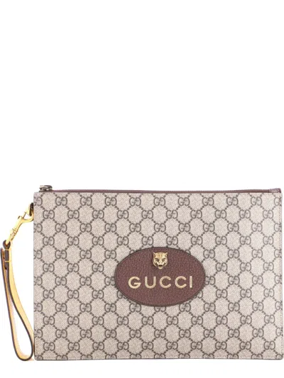 Pre-owned Gucci Neo Vintage Wristlet Pouch Gg Coated Canvas Clutch Bag In Neutral