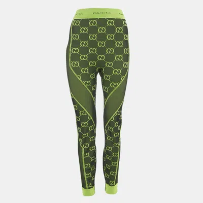 Pre-owned Gucci Neon Green Gg Pattern Jersey Leggings L