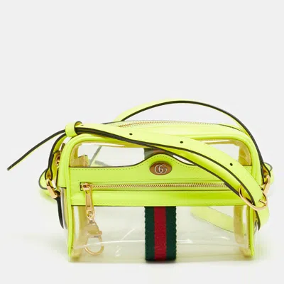 Pre-owned Gucci Neon Green Leather And Pvc Ophidia Mini Front Zip Crossbody Bag