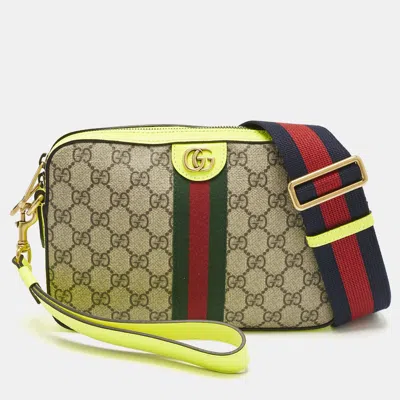Pre-owned Gucci Neon Green/beie Gg Supreme Canvas And Leather Ophidia Crossbody Bag