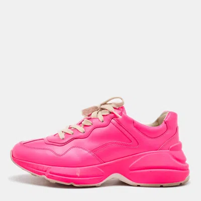 Pre-owned Gucci Neon Pink Leather Rhyton Low Top Sneakers Size 39