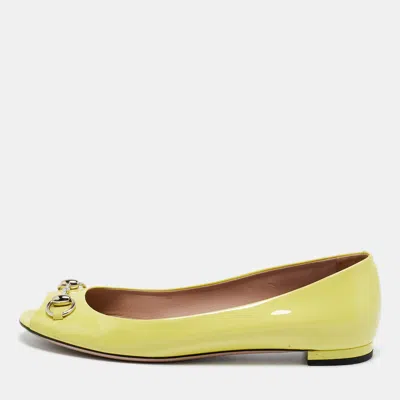 Pre-owned Gucci Neon Yellow Patent Leather Horsebit Peep Toe Ballet Flats Size 39