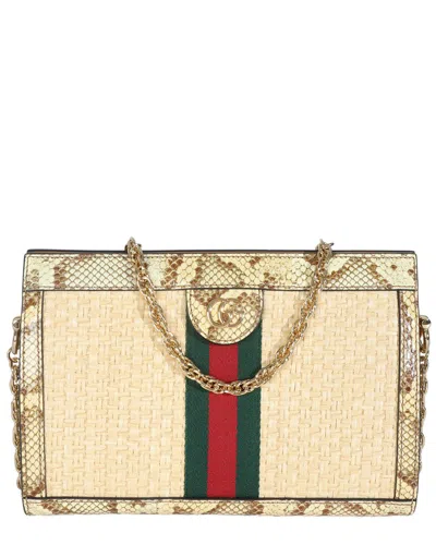 Gucci Neutral Exotic & Straw/raffia Gg Small Ophidia Chain Shoulder Bag  (authentic Pre-loved) In Multi