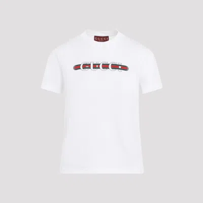 Gucci Women White Crewneck T-shirt Wth Web Print With Logo Lettering On The Front In Cotton Woman