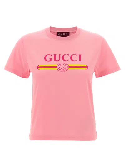 Gucci Women Pink Crewneck T-shirt With Logo Print On The Front In Cotton Woman