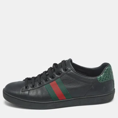 Pre-owned Gucci New Ace Size 39 Black Croc Embossed Leather And Leather Lace Up Sneakers