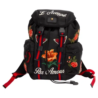 Pre-owned Gucci New Black Embroidered Backpack