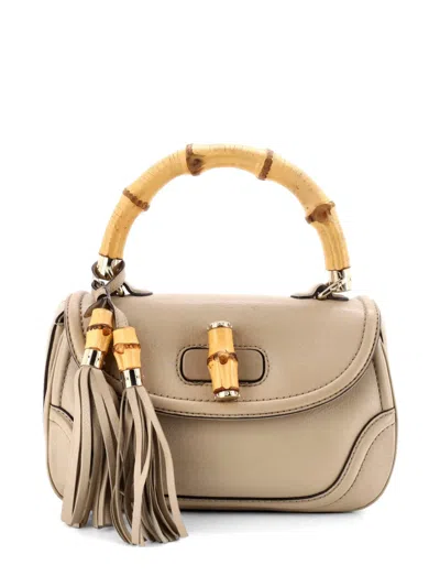 Pre-owned Gucci New Convertible Bamboo Top Handle Bag Leather Medium Satchel In Neutral