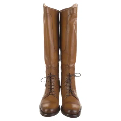 Pre-owned Gucci New  Brown Leather Lace Up Riding Equestrian Boots 37.5