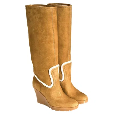 Pre-owned Gucci New  Camel Lambskin Shearling Wedge Boots Sz 8.5 In Brown