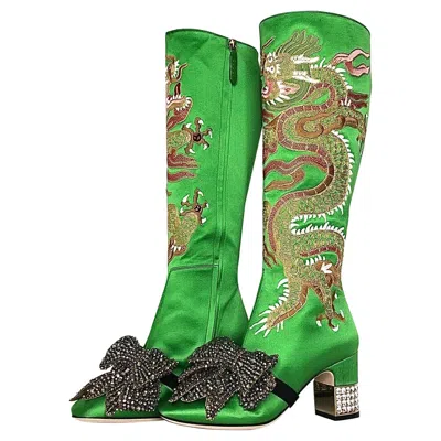 Pre-owned Gucci New  Candy Dragon Embroidered Bow Crystal Embellished Knee High Boots 36 In Green
