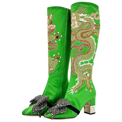 Pre-owned Gucci New  Candy Dragon Embroidered Bow Crystal Embellished Knee High Boots 37.5 In Green
