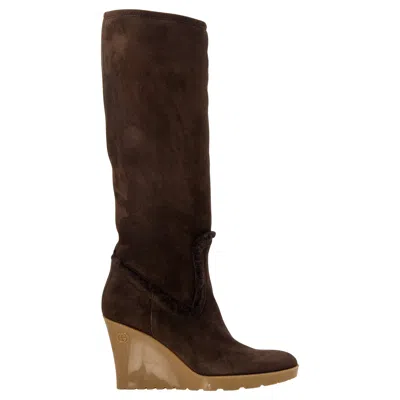 Pre-owned Gucci New  Chocolate Brown Shearling Wedge Boots Sz 6.5
