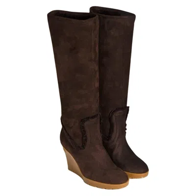 Pre-owned Gucci New  Chocolate Brown Shearling Wedge Boots Sz 7