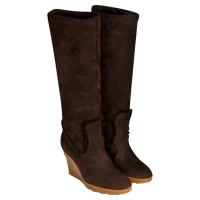 Pre-owned Gucci New  Chocolate Brown Shearling Wedge Boots Sz 8