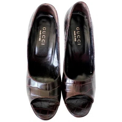 Pre-owned Gucci New  Exotic Chocolate Brown Alligator Skin High Heel Peep Toes Sandals 39.5