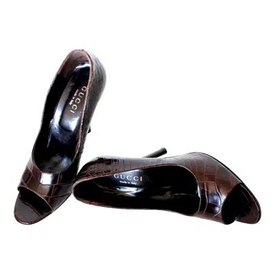 Pre-owned Gucci New  Exotic Chocolate Brown Skin High Heel Peep Toes Sandals 37.5