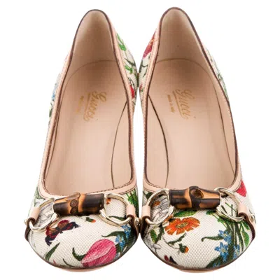Pre-owned Gucci New  Flora Bamboo Runway Pumps Heels Sz 6.5 In Sand
