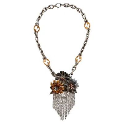 Pre-owned Gucci New  Floral Crystals And Fringe Necklace In Silver & Gold Tone In Multi