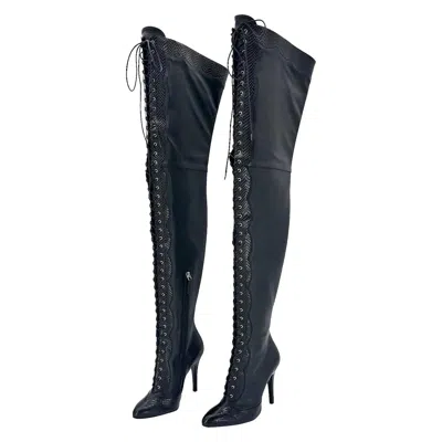 Pre-owned Gucci New  Harriet Cruise 2023 Snake Emboss Over The Knee High Heel Boots 37 In Black