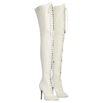 Pre-owned Gucci New  Harriet Vintage White Leather Over The Knee Lace Up Boots It. 38 Us 8