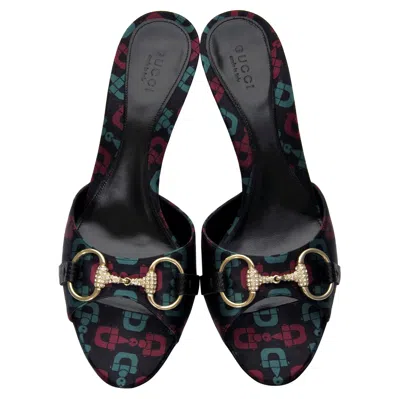 Pre-owned Gucci New  Horsebit Lizard Swarovski Crystal Mules Heels Sz 38 In Black