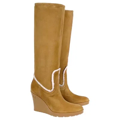 Pre-owned Gucci New  Light Cognac Merino Lambskin Shearling Wedge Boots Size 6.5 In Brown