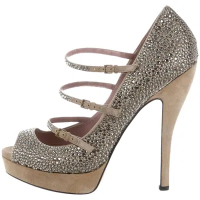 Pre-owned Gucci New  Lisbeth Silver Beige Crystal Mary Jane Straps Pump Shoes 38.5 And 39.5 In Brown