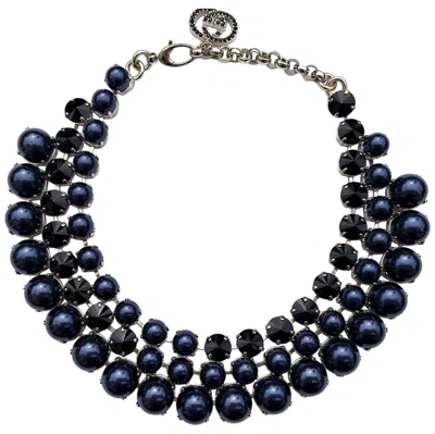 Pre-owned Gucci New  Navy Blue Pearl Effect With Black Swarovski Crystals Necklace